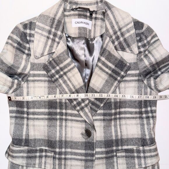 Calvin Klein Walker Plaid Wool Overcoat Single Breasted Pea Coat Gray Cream 10 - Picture 8 of 16